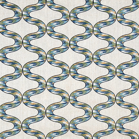 Curves Ahead Blue Green by Carole Designer Fabric Go West Base 90% Polyester, 10% Linen Embr 100% Spun Polyester N/A 5 1/8" V, 8" H 51 1/2*" - Swanky Fabrics -