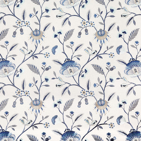 Garden To Love Dream Blue by Carole Designer Fabric Blue Crush Base: 52% Recycled Polyester, 48% Cotton Embr: 40% Recycled Polyester, 37% Cotton, 23% Viscose India 18 1/2" V, 17" H 51"" - Swanky Fabrics -