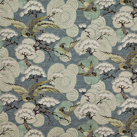 Bird Landing Teal by Carole Designer Fabric Evergreen 100% Cotton India 51,000 WYZENBEEK DOUBLE RUBS 18" V, 27" H HD 54" - Swanky Fabrics -