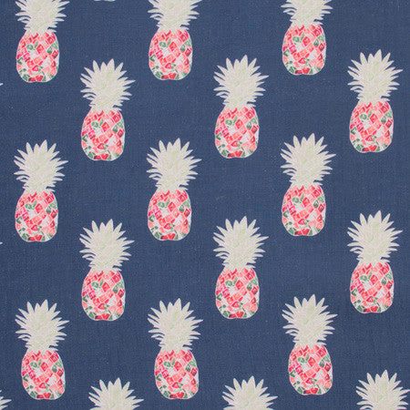 Happy Pineapple Navy by Carole Designer Fabric Bluebird 95% Polyester, 5% Linen China 10 1/2" V, 8 3/4" H 58" - Swanky Fabrics -