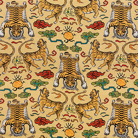 Tiger Pack Saffron by Carole Designer Fabric Hidden Treasure 75% Cotton, 25% Linen-Stain Repellent Pakistan 25" V, 13 1/2" H HD 54.5" - Swanky Fabrics -