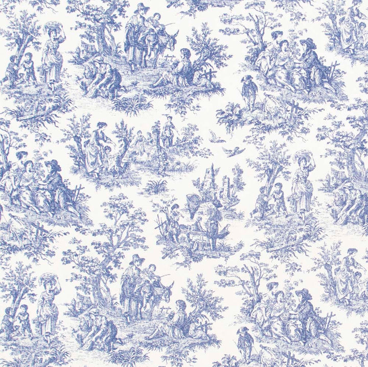 Country Toile Indigo by Carole Designer Fabric Red Sea 100% Cotton Printed & Finished In USA 51,000 Wyzenbeek Double Rubs Horizontal: 13.5 and Vertical: 13.5 54 - Swanky Fabrics -