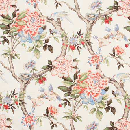 Bird Sanctuary Persimmon by Carole Designer Fabric Red Sea 100% Cotton -SSR Peru 25,000 Wyzenbeek Double Rubs 25 1/4" V, 13 1/2" H HD 54" - Swanky Fabrics -