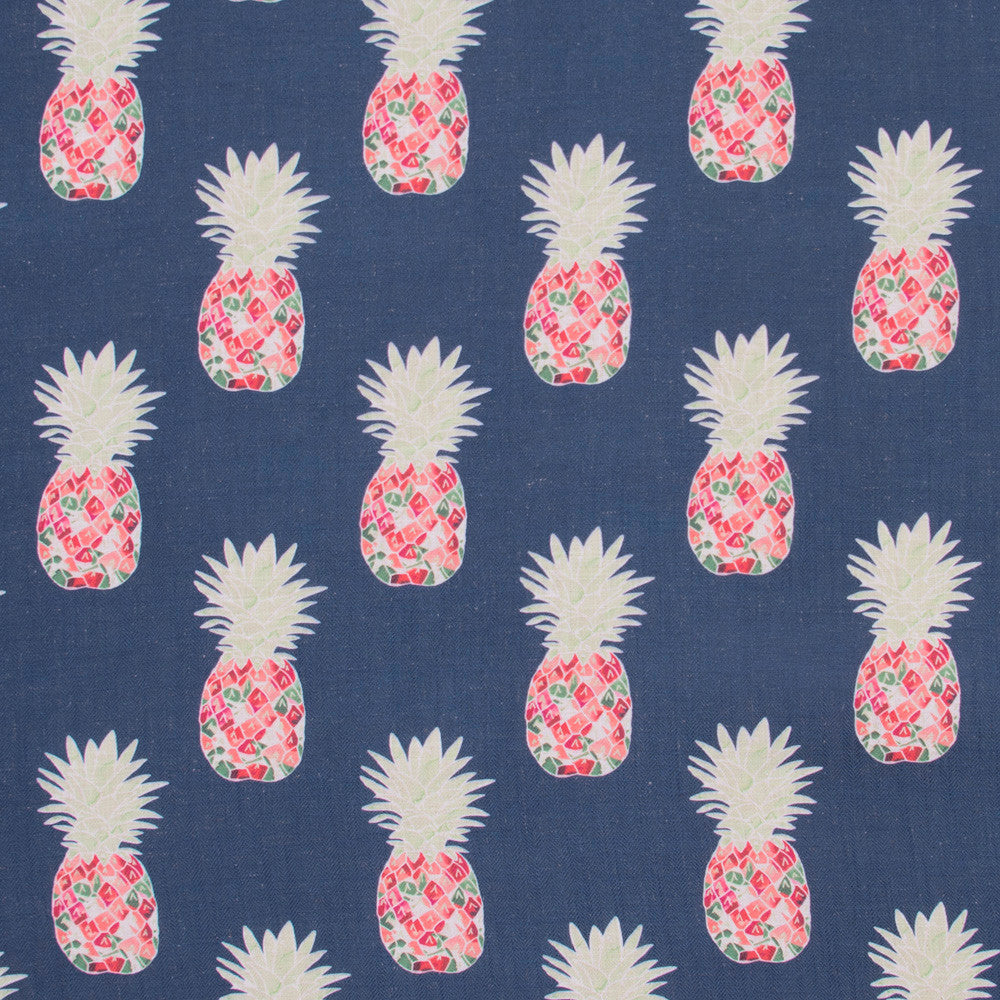 Happy Pineapple Navy by Carole Designer Fabric Bluebird 95% Polyester, 5% Linen China Passes 50,000 Double Rubs Wyzenbeek Horizontal: 8.75 and Vertical: 10.5 58 - Swanky Fabrics -