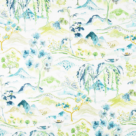 A Day Off Seafoam by Carole Designer Fabric Jade 100% Cotton Spain 30,000 Wyzenbeek Double Rubs 27" V, 13 1/2" H HD 54" - Swanky Fabrics -