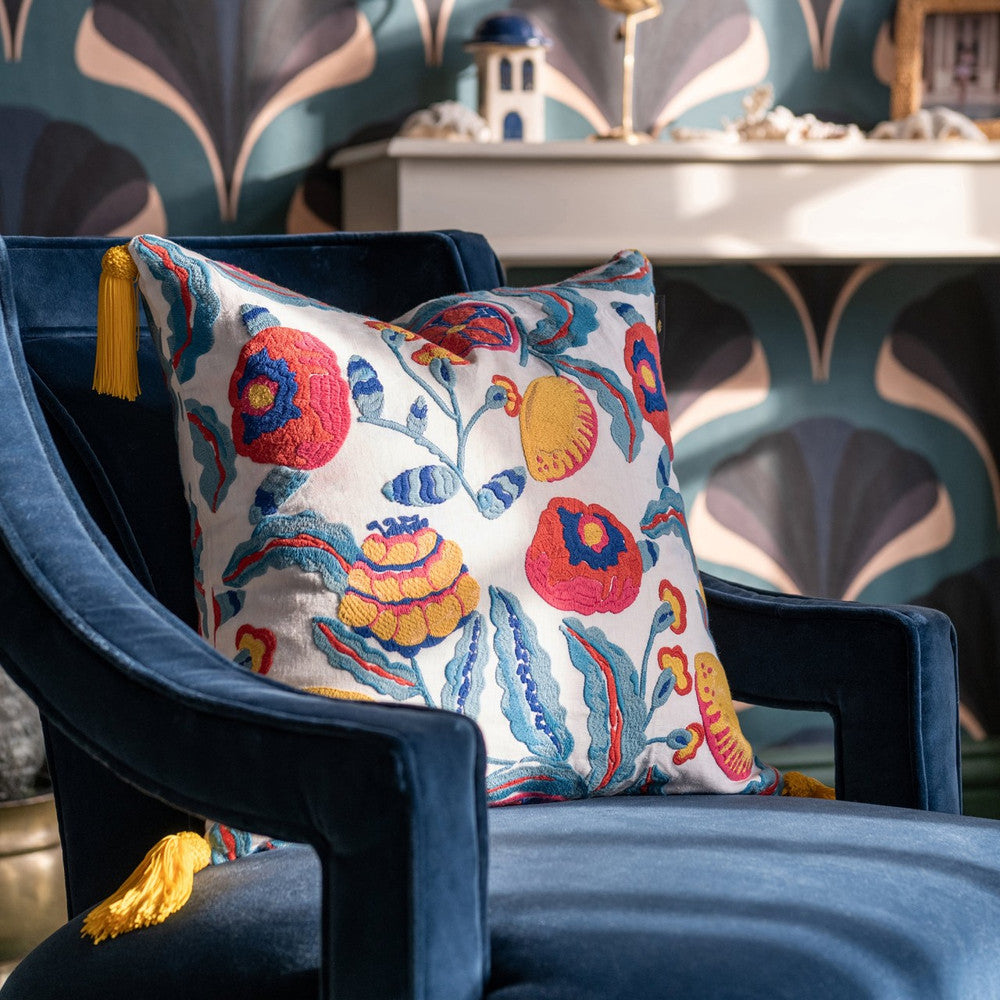 Fiori Di Limone Embroidered Cushion by Mind the Gap Designer Pillow LA DOLCE VITA 100% Linen Made in Romania Embroidered fabric and fringes all around 20 x 20 in - Swanky Fabrics -