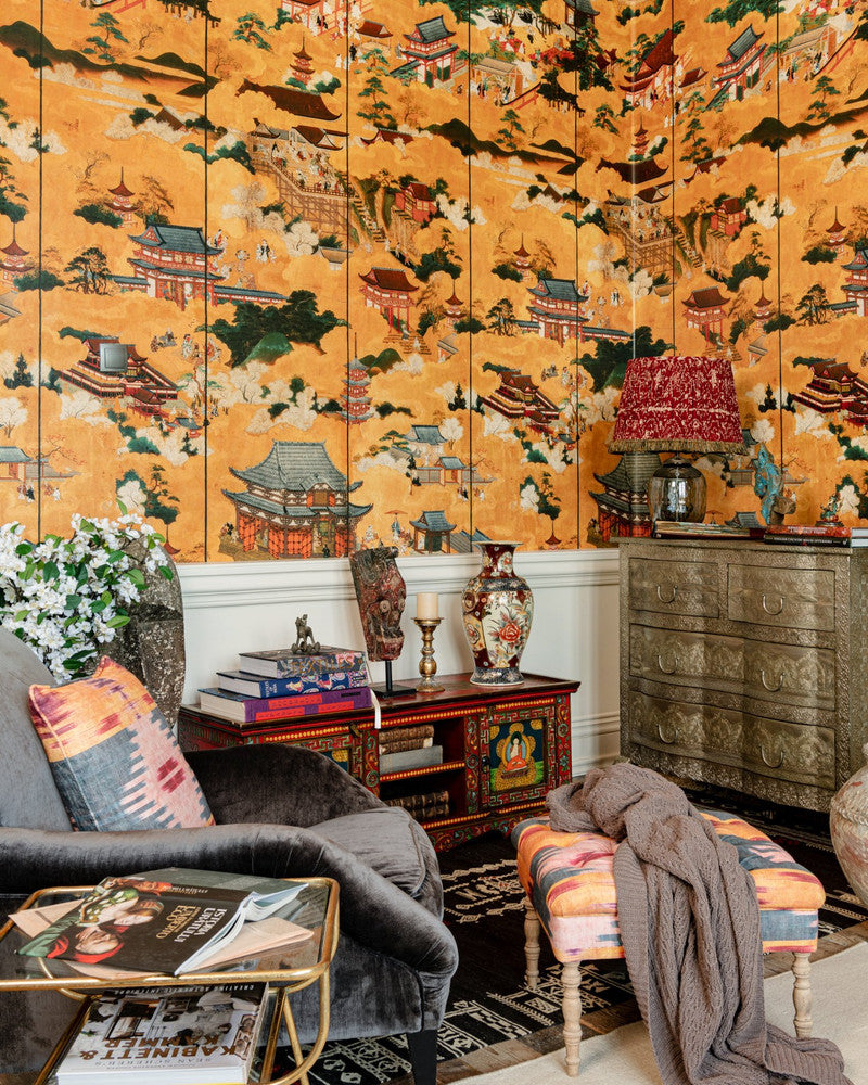 Floating World Golden Wallpaper by Mind the Gap Designer Wallpaper THE WALLPAPER COMPENDIUM 2 Satin Matte Made in Europe Paste the wall 3 rolls x 20.5 x 3.25 yards - Swanky Fabrics -