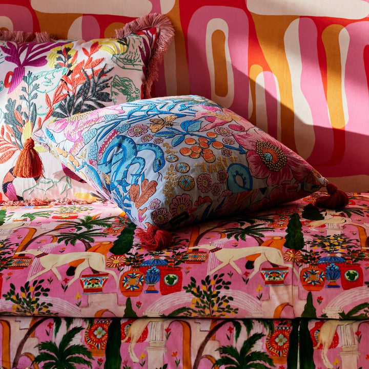 Mind The Gap Pillows GIARDINO SEGRETO Embroidered Cushion (LC40258) | LC40258 | LA DOLCE VITA | 20 x 20 in | Blue, Fucsia, Orange, Pink, Turquoise | Fabric Carolina | https://www.fabriccarolina.com/