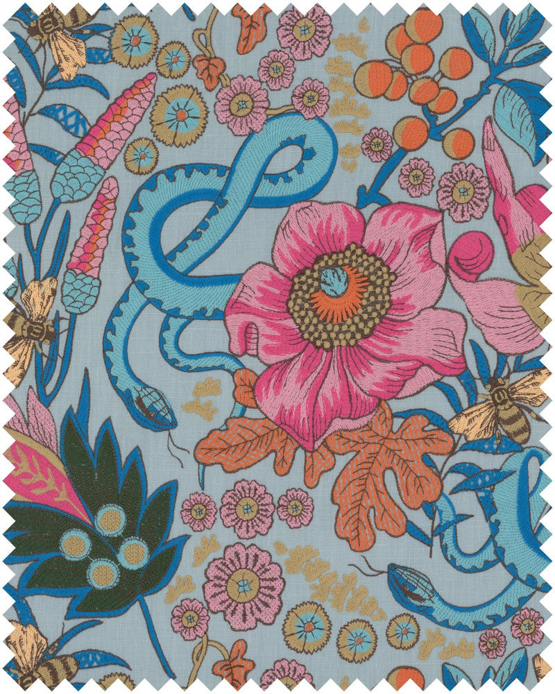 Mind The Gap Fabric GIARDINO SEGRETO Embroidered Fabric (FB00148) | FB00148 | LA DOLCE VITA | Blue, Fucsia, Orange, Pink, Turquoise | Fabric Carolina | https://www.fabriccarolina.com/
