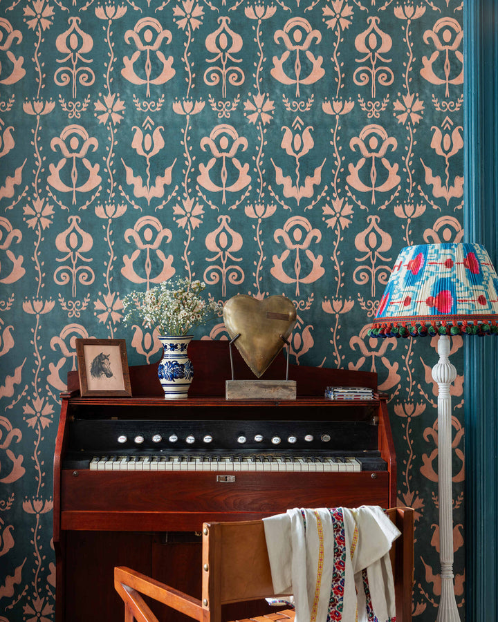GRANDMA'S STENCIL Milky Blue Wallpaper (WP30276) by Mind The Gap | WP30276 | TRANSYLVANIAN RHAPSODY | 1 roll x 52 x 1000 cm / 20.5 x 393.7in | 0.52m / 20.5in | 10m / 393.7in | 5.20sqm / 55.9sq ft | L70xm / L27.5in | Taupe, Blue | Non-woven Satin | Paste the wall | 1 roll in a box | Fabric Carolina | https://www.fabriccarolina.com/