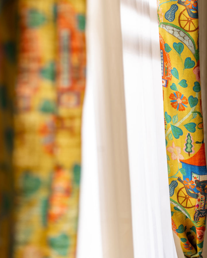 GYPSY FAIRYTALE Lemon Linen (FB00181) by Mind The Gap | FB00181 | TRANSYLVANIAN RHAPSODY | Blue, Green, Yellow, Red, Soft Pink | Meter | 140(±5%)x100 | (W)34 x (L)47.5cm / (W)13.3 x (L)18.7 in | Stonewashed | 100% Linen | Fabric Carolina | https://www.fabriccarolina.com/