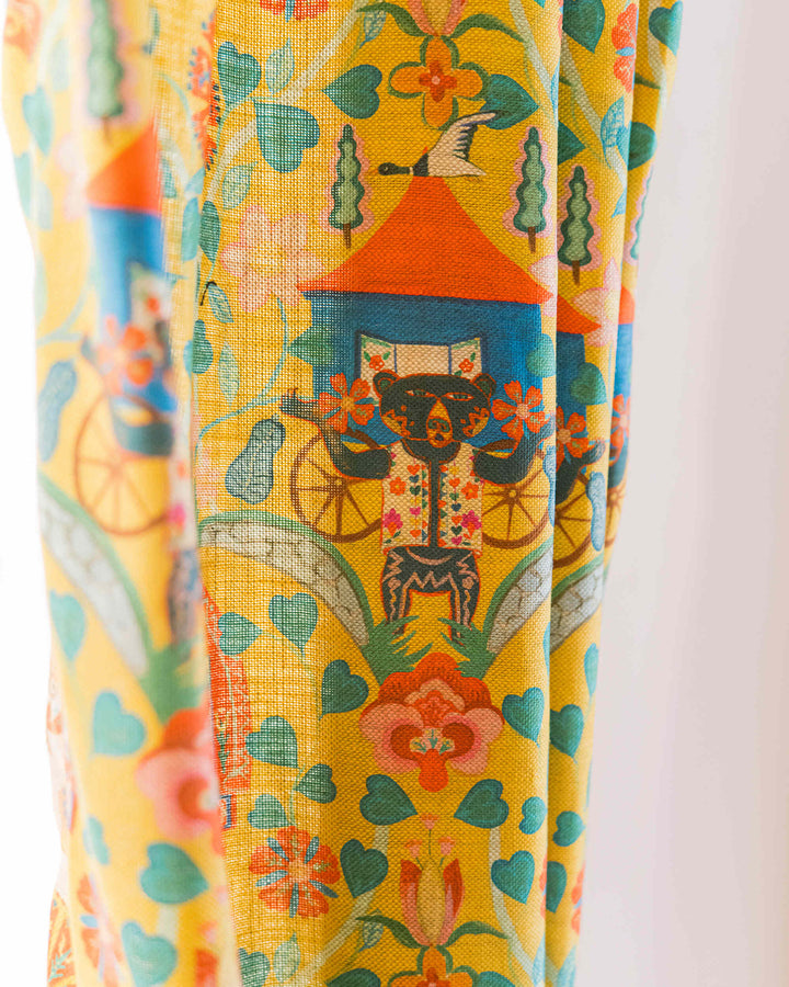 GYPSY FAIRYTALE Lemon Linen (FB00181) by Mind The Gap | FB00181 | TRANSYLVANIAN RHAPSODY | Blue, Green, Yellow, Red, Soft Pink | Meter | 140(±5%)x100 | (W)34 x (L)47.5cm / (W)13.3 x (L)18.7 in | Stonewashed | 100% Linen | Fabric Carolina | https://www.fabriccarolina.com/