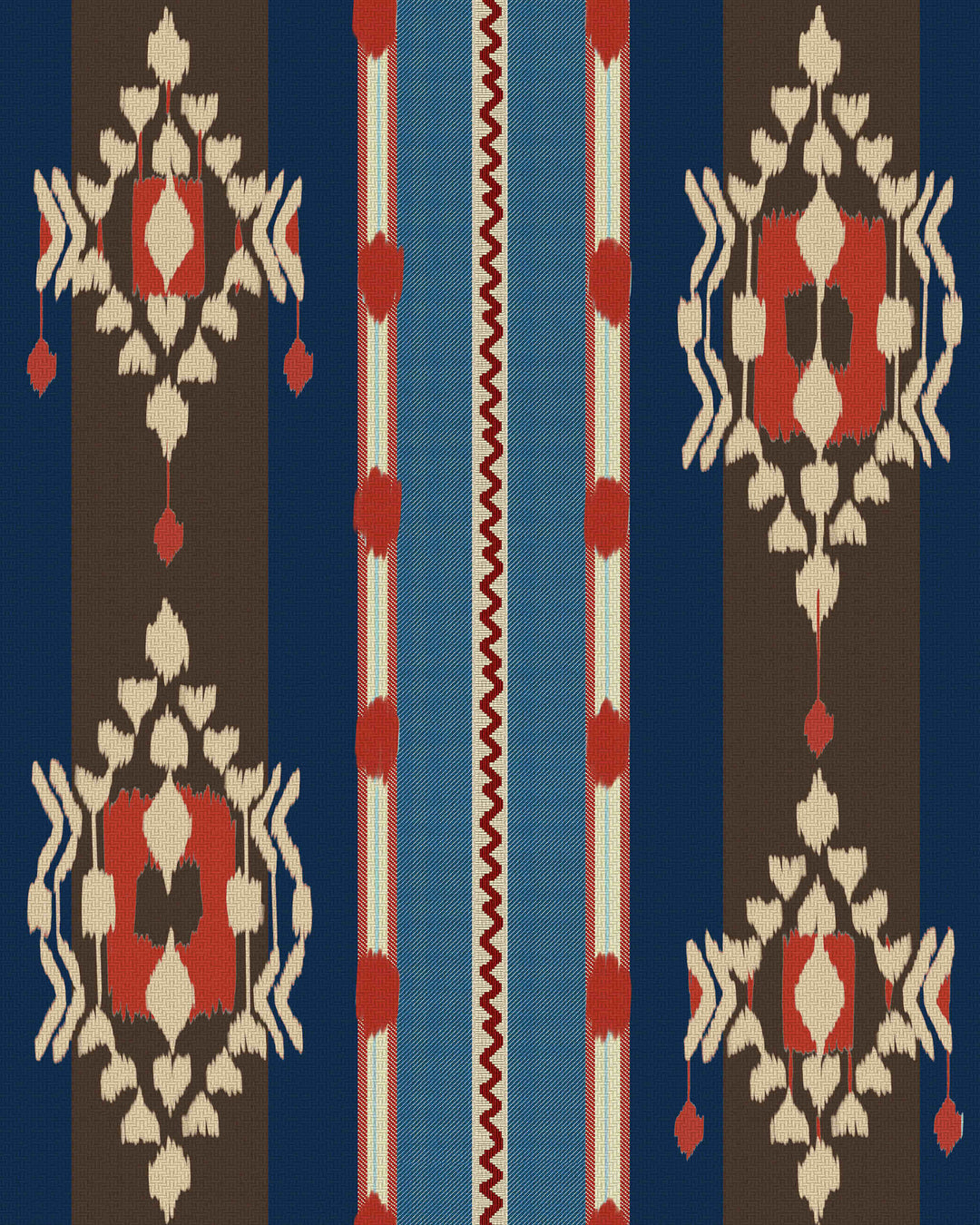 KING'S IKAT Wallpaper (WP20905) by Mind The Gap | WP20905 | TRANSYLVANIAN RHAPSODY | 1 roll x 52 x 900 cm / 20.47 x 354.33 in | 0.52m / 20.5in | 9m / 354in | 4.68sqm / 50sq ft | 50cm / 19.6in | Blue, Red, Brown | Non-woven Textured | Paste the wall | 1 roll in a box | Fabric Carolina | https://www.fabriccarolina.com/