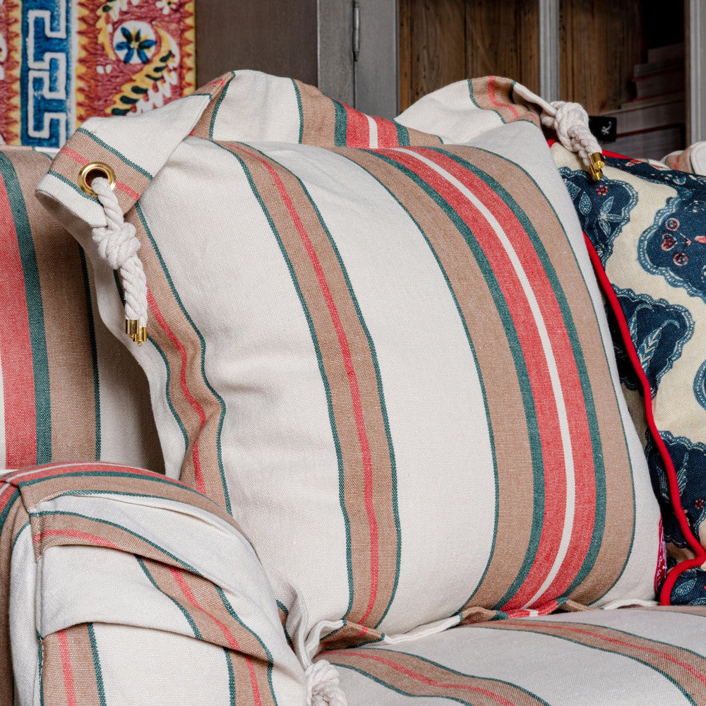 Herina Stripe Cushion by Mind the Gap Designer Pillow SUNDANCE VILLA 100% Linen Made in Romania Brass eyelets 20 x 20 in - Swanky Fabrics -