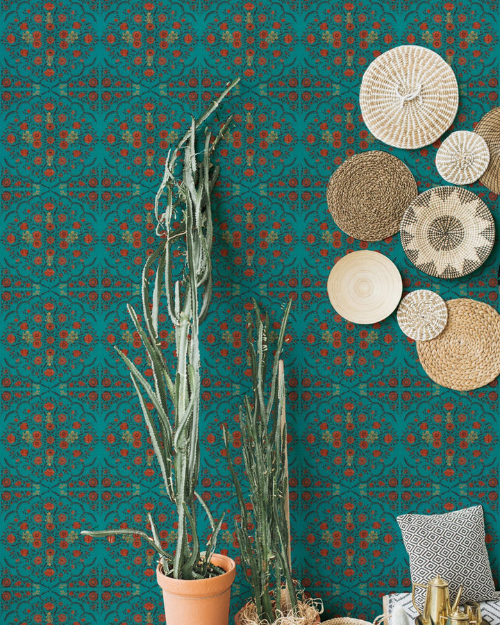 Hindu Bloom Topaz by Mind the Gap Designer Wallpaper THE WALLPAPER COLLECTABLES Textured Matte Made in Europe Paste the wall 3 rolls x 20.5 x 3.25 yards - Swanky Fabrics -