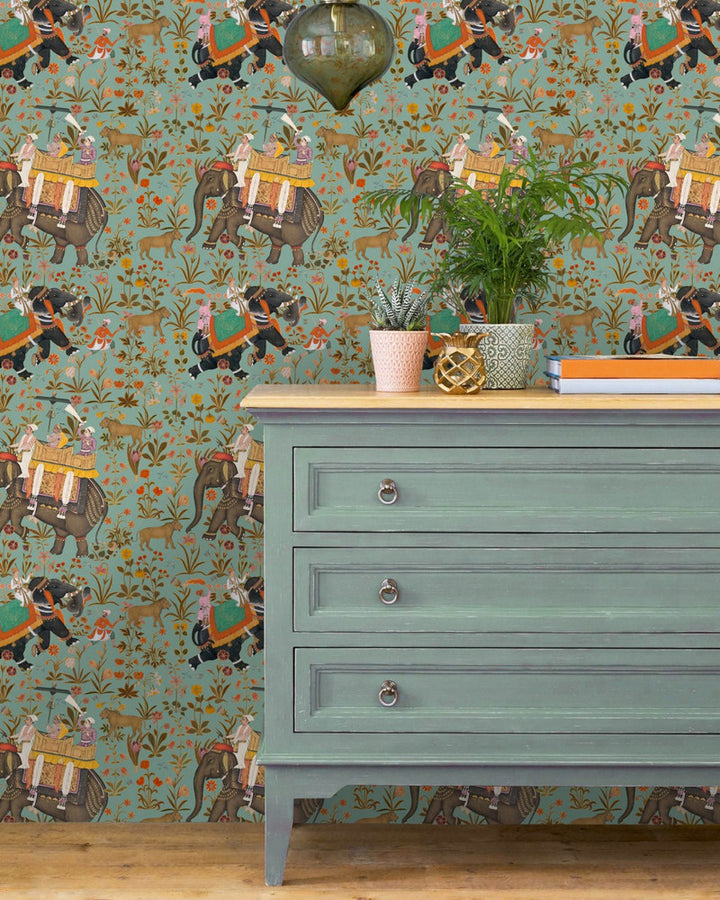Hindustan Aquamarine Wallpaper by Mind the Gap Designer Wallpaper PREMIUM DESIGNER WALLPAPER COLLECTION Non-woven Made in Europe Paste the wall 3 rolls x 20.5 x 3.25 yards - Swanky Fabrics -