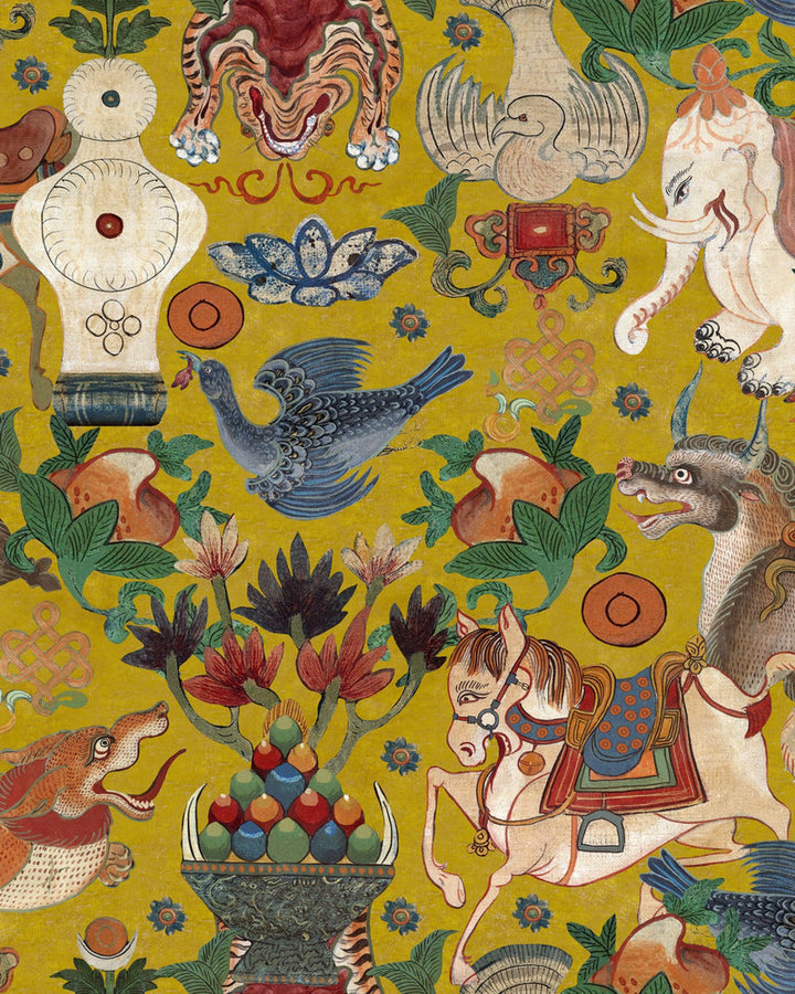 Mind The Gap Wallpaper INCANTATION Yellow Wallpaper (WP20621) | WP20621 | WOODSTOCK '69 LIFESTYLE COLLECTION | 3 rolls x 20.5 x 118.1 in | 0.52m / 20.5in | 3m / 118in | 4.65mp | 150cm / 59in | Green, Orange, Red, Yellow | Satin Matte | Paste the wall | 3-rolls in a box | Fabric Carolina | https://www.fabriccarolina.com/