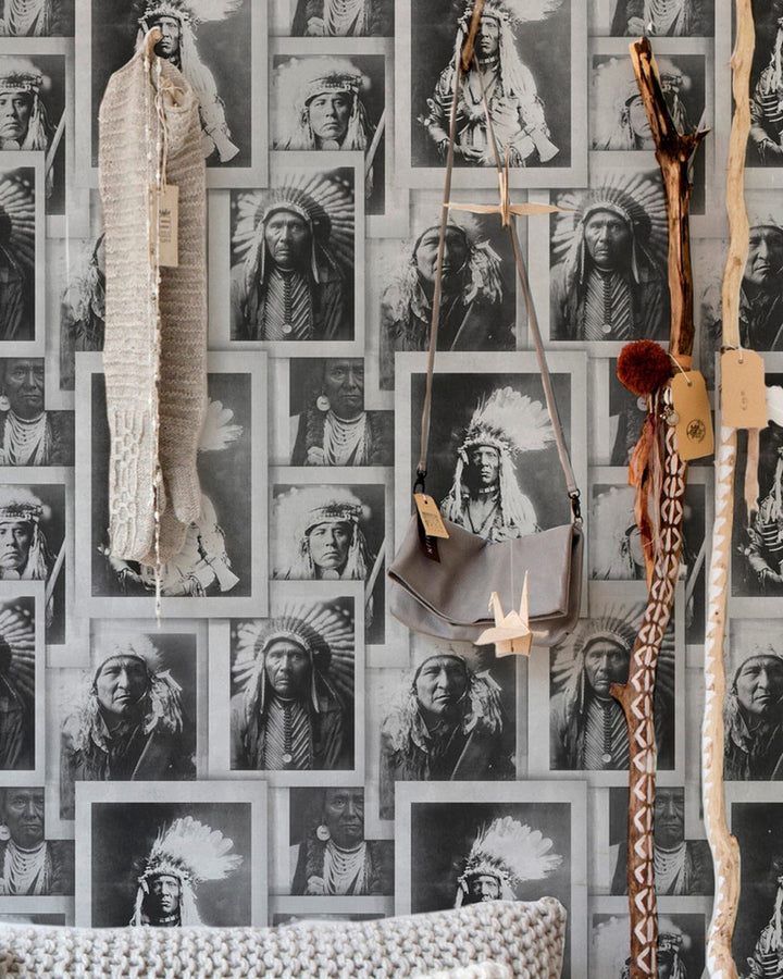 Mind The Gap Wallpaper INDIAN CHIEFS Premium Wallpaper (WP20072) | WP20072 | WALLPAPER DESIGNER COLLECTION | 3 rolls x 20.5 x 118.1 in | 0.52m / 20.5in | 3m / 118in | 4.65mp | 70cm / 27.6in | Black, Grey, White | Non-woven | Paste the wall | 3-rolls in a box | Fabric Carolina | https://www.fabriccarolina.com/
