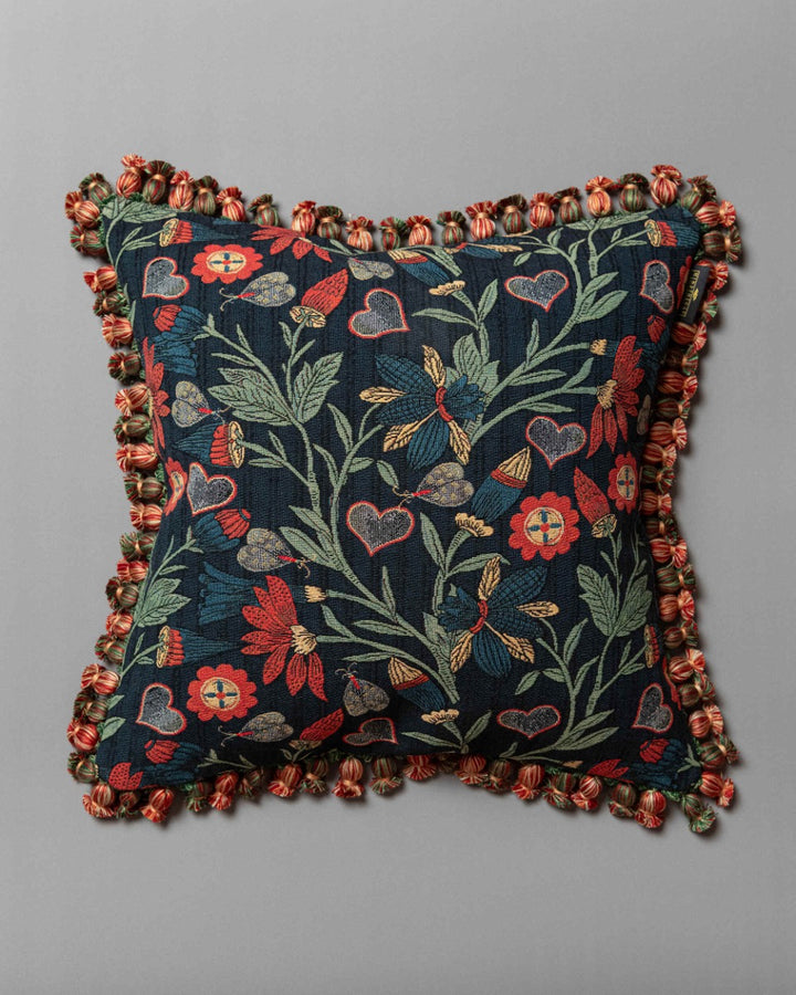 INFLORESCENCE cushion (LC40291) by Mind The Gap | LC40291 | TRANSYLVANIAN RHAPSODY | 50 x 50 cm / 20 x 20 in | Taupe, Blue, Red | Fringes all around | Duck feather | 74% Cotton, 10% Acrylic, Other Fibers | Fabric Carolina | https://www.fabriccarolina.com/