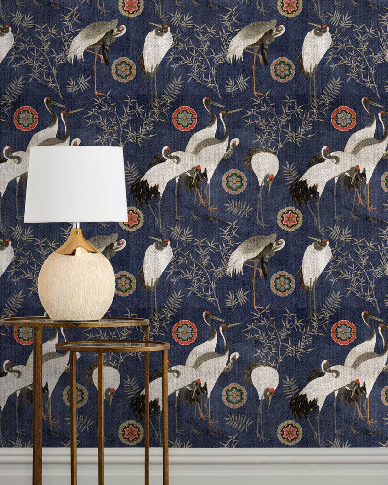 Tsuru Indigo Wallpaper by Mind the Gap Designer Wallpaper THE WALLPAPER COLLECTABLES Textured Matte Made in Europe Paste the wall 3 rolls x 20.5 x 3.25 yards - Swanky Fabrics -
