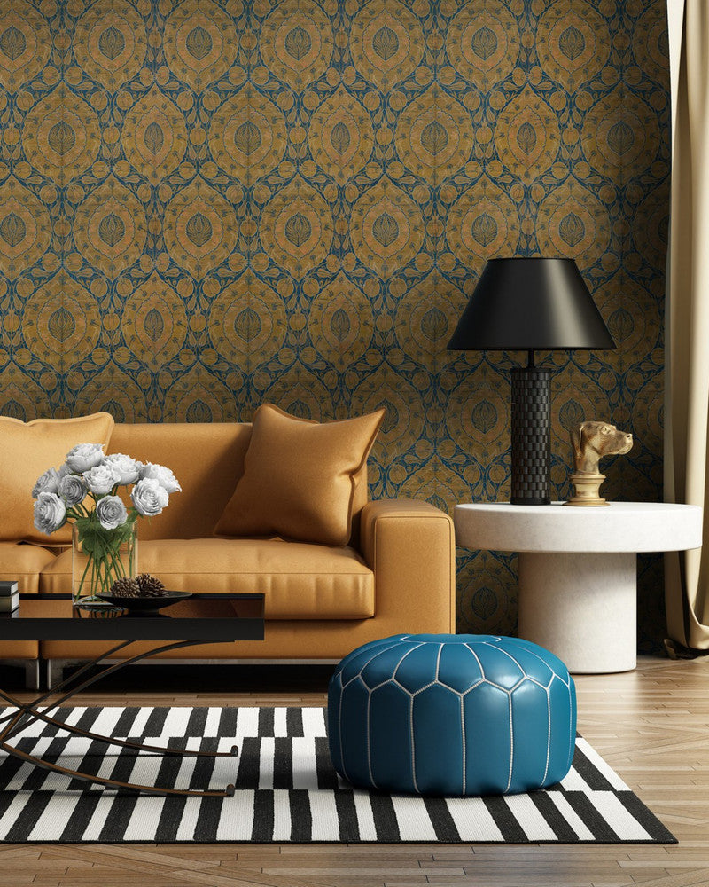 Mind The Gap Wallpaper KAFTAN (WP20253) | WP20253 | PREMIUM DESIGNER WALLPAPER COLLECTION | 3 rolls x 20.5 x 118.1 in | 0.52m / 20.5in | 3m / 118in | 4.65mp | 52cm / 20.5in | Blue, Ochre | Non-woven | Paste the wall | 3-rolls in a box | Fabric Carolina | https://www.fabriccarolina.com/