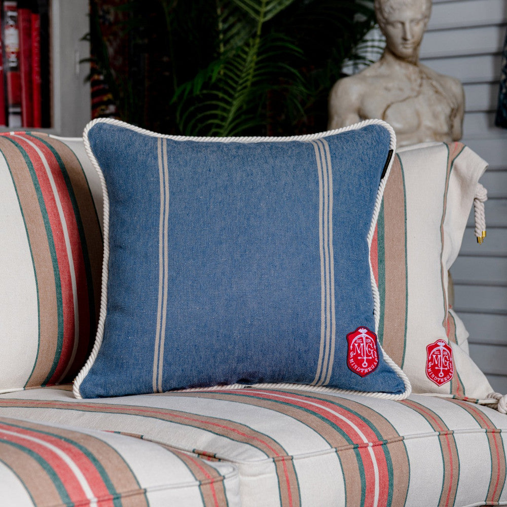 Katalin Stripe Cushion by Mind the Gap Designer Pillow SUNDANCE VILLA 100% Linen Made in Romania Off-white rope border 20 x 20 in - Swanky Fabrics -