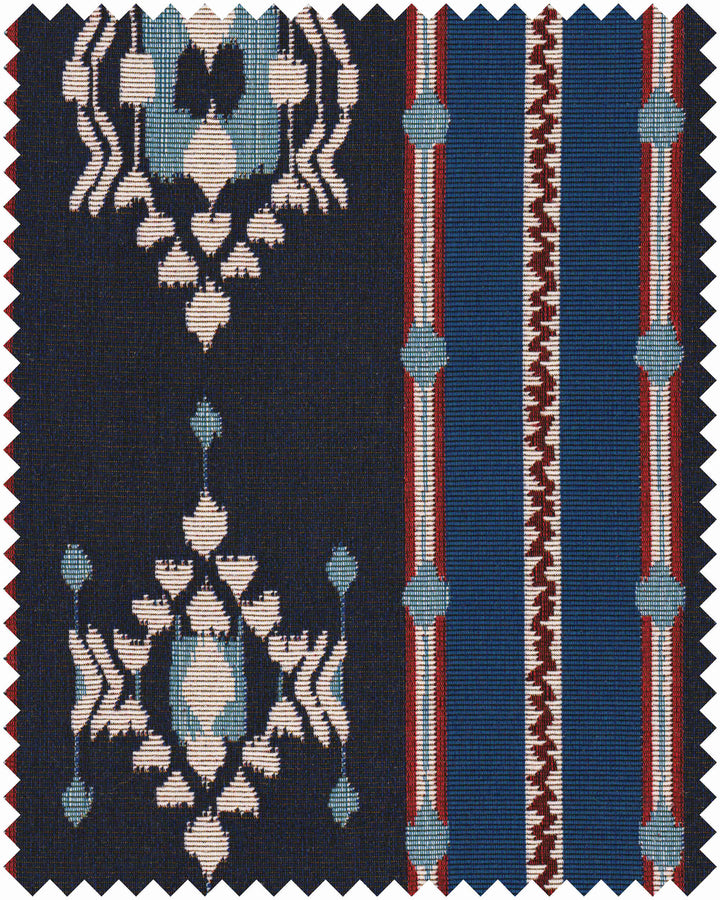 KING'S IKAT Woven Fabric (FB00196) by Mind The Gap | FB00196 | TRANSYLVANIAN RHAPSODY | Blue, White, Red | Meter | 150(±5%)x100 | (W)50 x (L)56cm / (W)19.6 x (L)22 in | Tumble Wash | 27% Acrylic, 37% Cotton, Other Fibers | Fabric Carolina | https://www.fabriccarolina.com/
