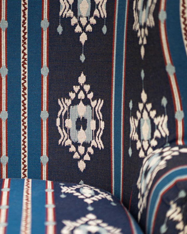 KING'S IKAT Woven Fabric (FB00196) by Mind The Gap | FB00196 | TRANSYLVANIAN RHAPSODY | Blue, White, Red | Meter | 150(±5%)x100 | (W)50 x (L)56cm / (W)19.6 x (L)22 in | Tumble Wash | 27% Acrylic, 37% Cotton, Other Fibers | Fabric Carolina | https://www.fabriccarolina.com/