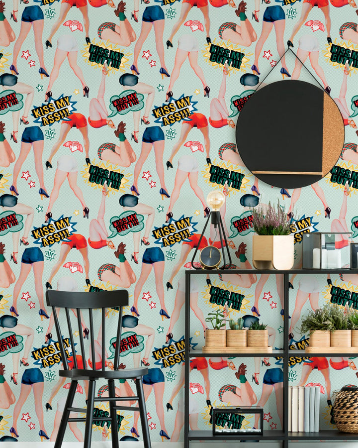 Kiss My Ass Wallpaper by Mind the Gap Designer Wallpaper THE WALLPAPER COLLECTABLES Satin Matte Made in Europe Paste the wall 3 rolls x 20.5 x 3.25 yards - Swanky Fabrics -