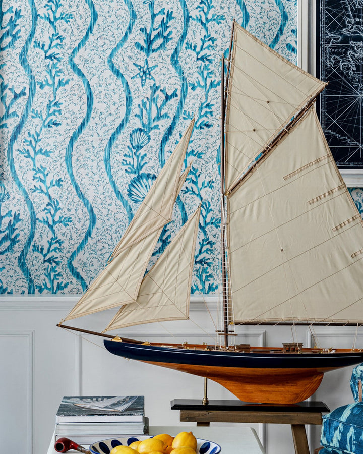 Koralion Aquamarine Wallpaper by Mind the Gap Designer Wallpaper SUNDANCE VILLA Satin Matte Made in Europe Paste the wall 1 roll x 20.5 x 10.9 yards - Swanky Fabrics -