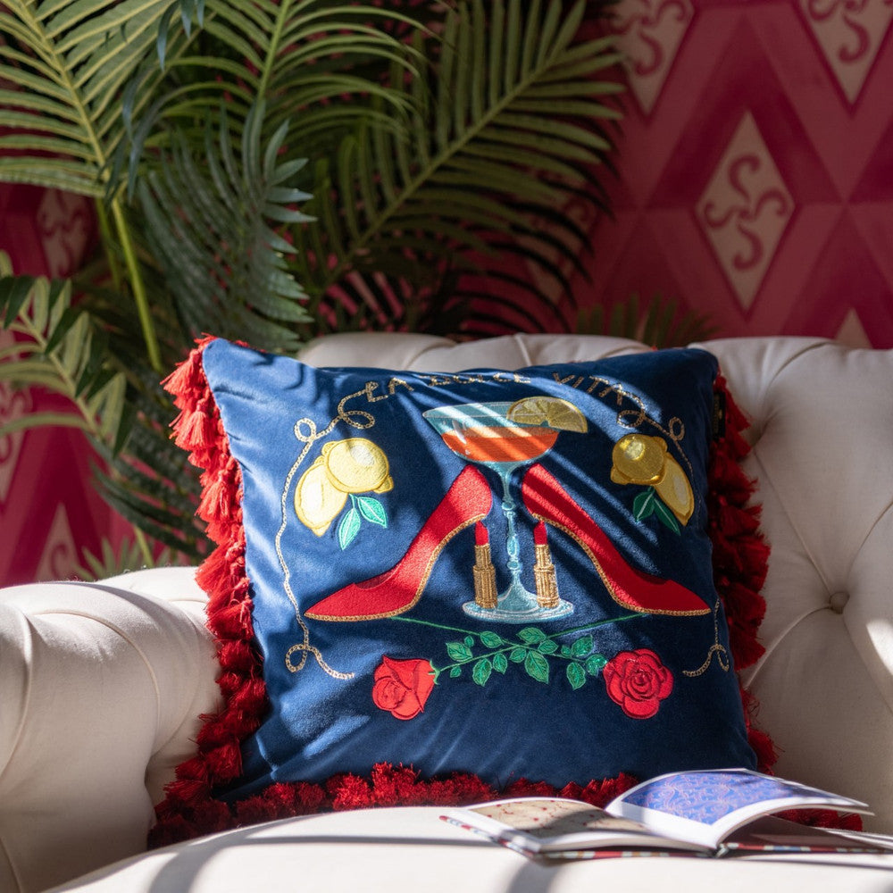 La Dolce Vita Embroidered Velvet Cushion by Mind the Gap Designer Pillow LA DOLCE VITA 100% Cotton velvet Made in Turkey Large embroidery and fringes all around 20 x 20 in - Swanky Fabrics -
