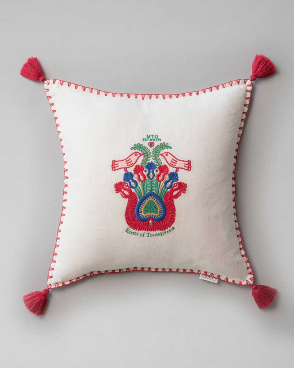 Roots of Transylvania linen embroidered pillow by Mind the Gap (LC40082), front