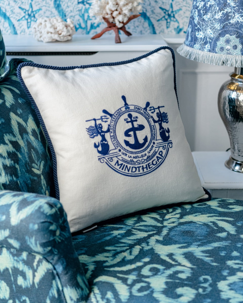 VOYAGE Linen Embroidered Cushion (LC40105) by Mind The Gap | LC40105 | SUNDANCE VILLA | 50 x 50 cm | Blue, White | Indigo blue rope border | Duck feather | 100% Linen | Fabric Carolina | https://www.fabriccarolina.com/