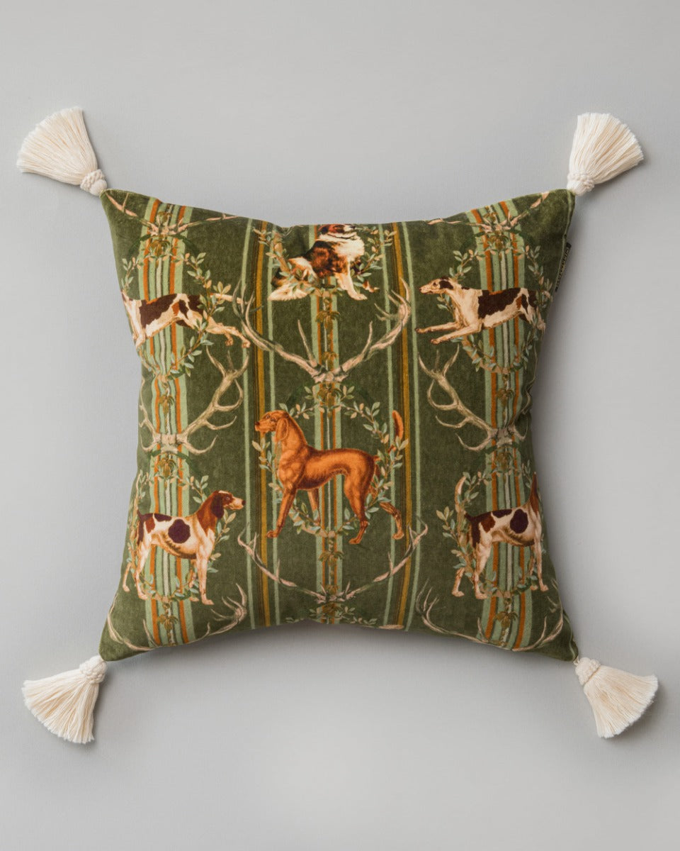 Mountain Dogs Cypress Green velvet pillow by Mind the Gap (LC40180), front