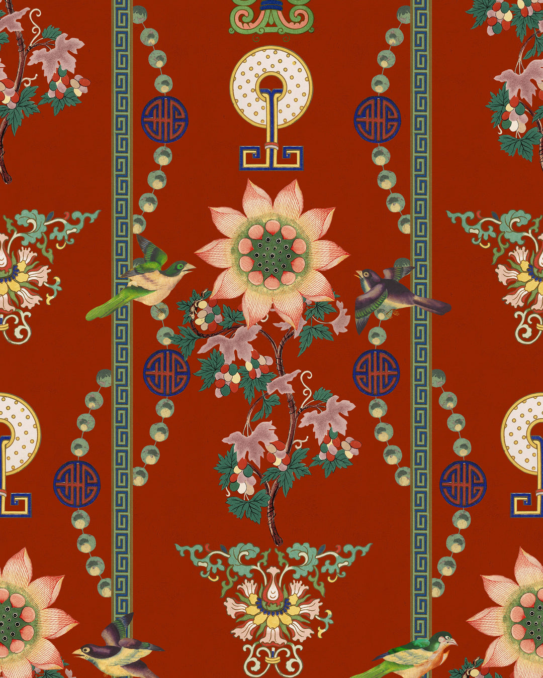 LIN YUAN Chinese Red Wallpaper (WP20587) by Mind The Gap | WP20587 | CHINESE GARDEN | 3 rolls x 52x300 cm / 20.5x118.1 in | 0.52m / 20.5in | 3m / 118in | 4.65sqm / 50sq ft | 70cm / 27.6in | Green, Yellow, Pink, Red | Non-woven Satin | Paste the wall | 3-rolls in a box | Fabric Carolina | https://www.fabriccarolina.com/