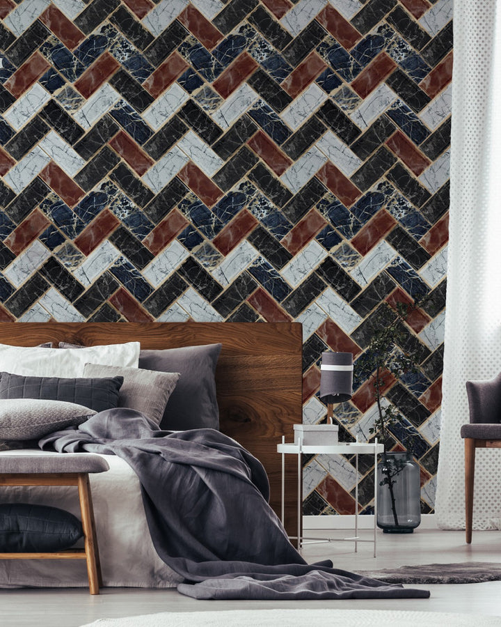 Mind The Gap Wallpaper HERRINGBONE Wallpaper (WP20349) | WP20349 | THE WALLPAPER COLLECTABLES | 3 rolls x 20.5 x 118.1 in | 0.52m / 20.5in | 3m / 118in | 4.65mp | 52cm / 20.5in | Black, Blue, Brown, Gold | Satin Matte | Paste the wall | 3-rolls in a box | Fabric Carolina | https://www.fabriccarolina.com/