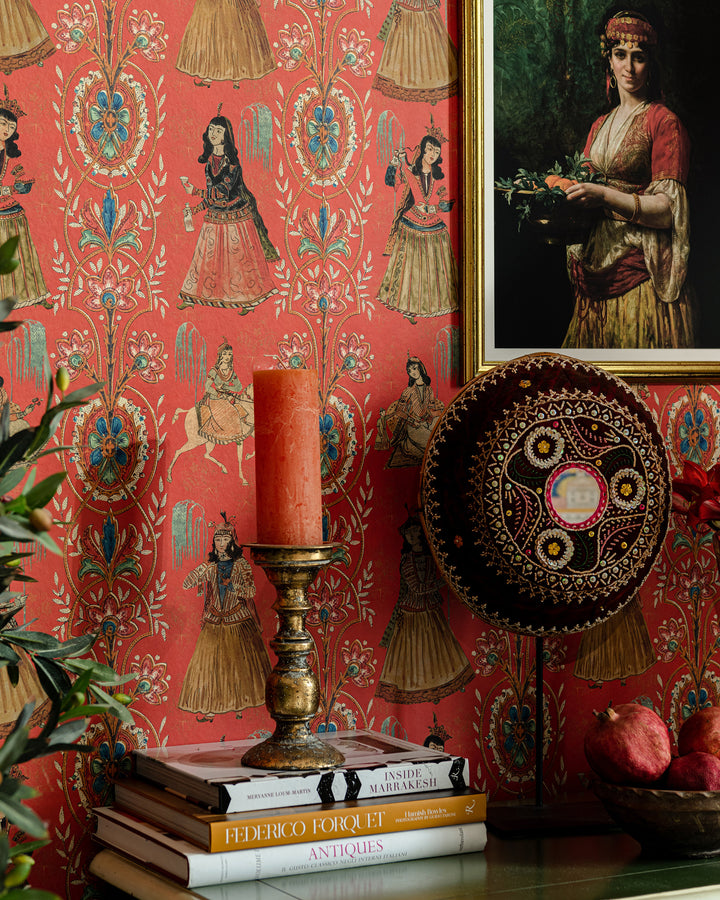 MAGHREBIAN FOLKTALE Rose Wallpaper (WP20746) by Mind The Gap | WP20746 | TALES OF MAGHREB | 1 roll x 52x900 cm / 20.47x354.33in | 0.52m / 20.5in | 9m / 354in | 4.68sqm / 50sq ft | 70cm / 27.5in | Blue, Ochre, Tangerine Red | Non-woven Textured | Paste the wall | 1-roll in a box | Fabric Carolina | https://www.fabriccarolina.com/