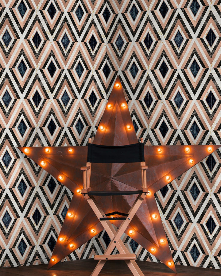 Mind The Gap Wallpaper DIAMONDS in Copper Metallic edition Wallpaper (WP20291) | WP20291 | THE WALLPAPER COLLECTABLES | 1 roll x 20.5x393.7 in | 0.52m / 20.5in | 10m / 393.7in | 5.20mp | 52cm / 20.5in | Black, Blue, Copper, Ivory | Metallic Foil | Paste the wall | 1-roll in a box | Fabric Carolina | https://www.fabriccarolina.com/
