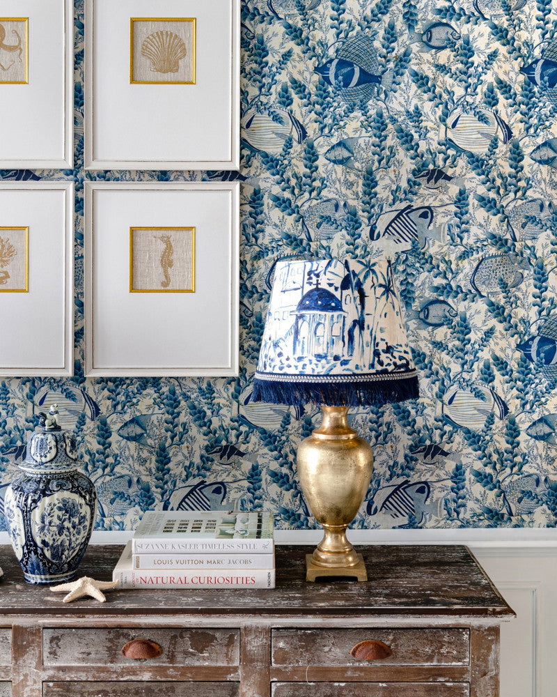 Aquarium Indigo Wallpaper by Mind the Gap Designer Wallpaper SUNDANCE VILLA Textured Matte Made in Europe Paste the wall 3 rolls x 20.5 x 3.25 yards - Swanky Fabrics -