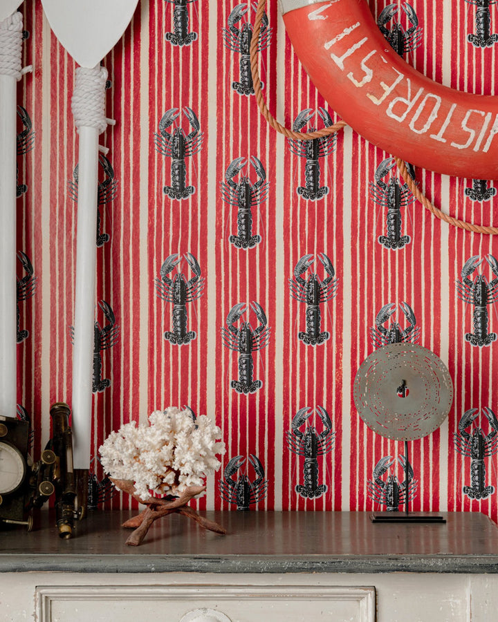 Mediterranean Lobsters Red Wallpaper by Mind the Gap Designer Wallpaper SUNDANCE VILLA Satin Matte Made in Europe Paste the wall 1 roll x 20.5 x 10.9 yards - Swanky Fabrics -