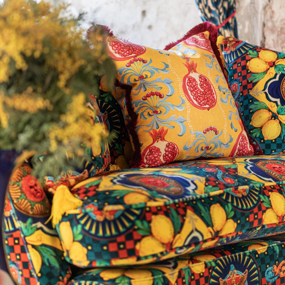 Melagranata Cotton Cushion by Mind the Gap Designer Pillow LA DOLCE VITA 100% Cotton satin Made in Romania Fringes all around 20 x 20 in - Swanky Fabrics -