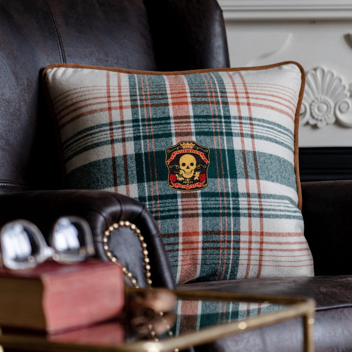 Mind The Gap Pillows MONTEREY PLAID Wool Cushion (LC40152) | LC40152 | WOODSTOCK '69 LIFESTYLE COLLECTION | 20 x 20 in | Green, Orange, Taupe, Yellow | Fabric Carolina | https://www.fabriccarolina.com/