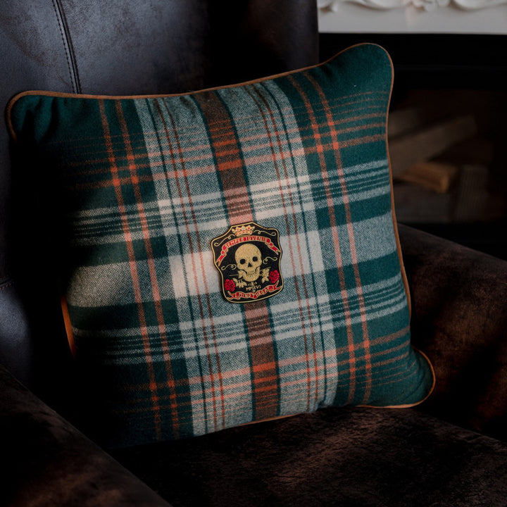 Monterey Plaid Green Wool Cushion by Mind the Gap Designer Pillow WOODSTOCK '69 LIFESTYLE COLLECTION 70% Wool, 30% other fibres Made in Romania Leather piped edge 20 x 20 in - Swanky Fabrics -