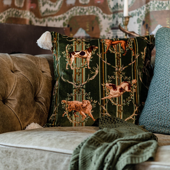 Mountain Dogs Cypress Green Velvet Cushion by Mind the Gap Designer Pillow TYROL APRES-SKI HOME COLLECTION 100% Cotton velvet Made in Romania Tasseled corners 20 x 20 in - Swanky Fabrics -