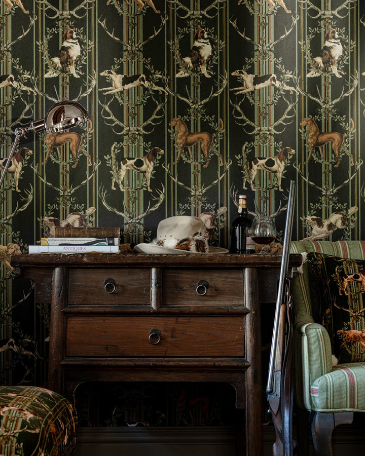 Mountain Dogs Peat Black Wallpaper by Mind the Gap Designer Wallpaper TYROL APRES-SKI HOME COLLECTION Textured Matte Made in Europe Paste the wall 3 rolls x 20.5 x 3.25 yards - Swanky Fabrics -