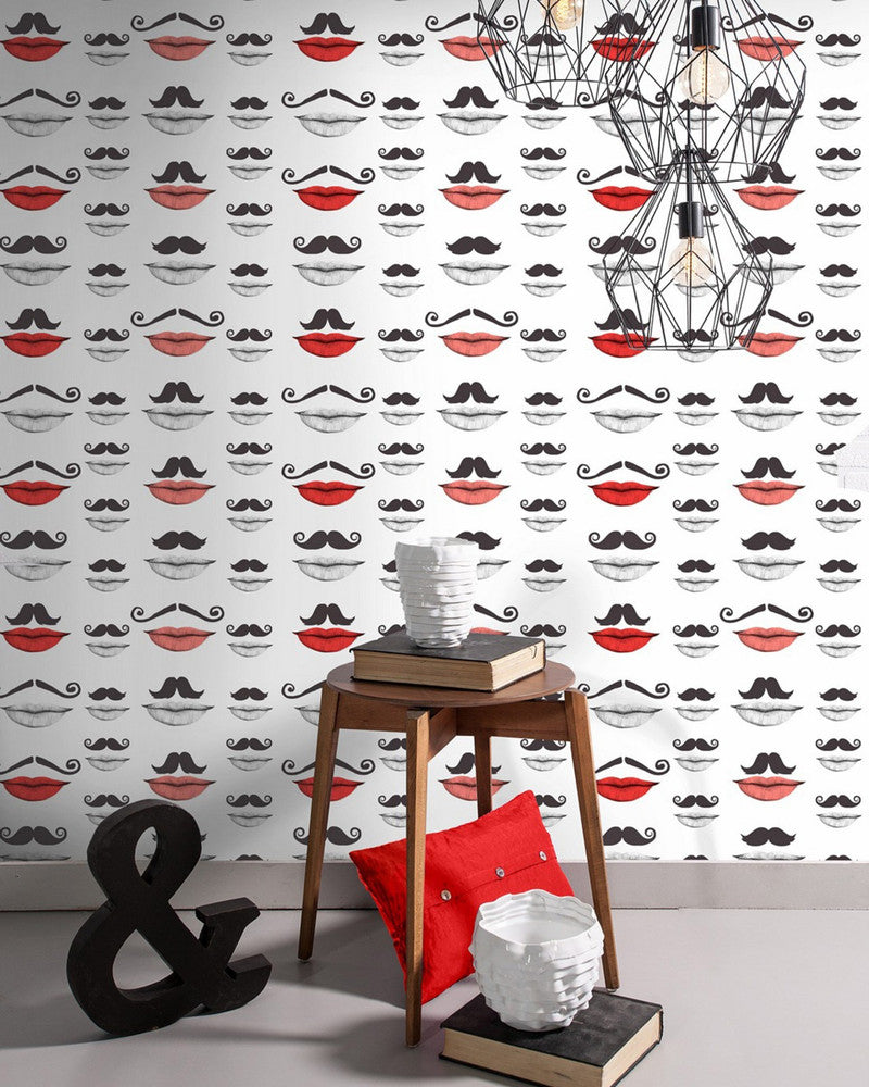 Mind The Gap Wallpaper MOUSTACHE AND LIPS Premium Wallpaper (WP20084) | WP20084 | WALLPAPER DESIGNER COLLECTION | 3 rolls x 20.5 x 118.1 in | 0.52m / 20.5in | 3m / 118in | 4.65mp | 52cm / 20.5in | Black, Red, White | Non-woven | Paste the wall | 3-rolls in a box | Fabric Carolina | https://www.fabriccarolina.com/