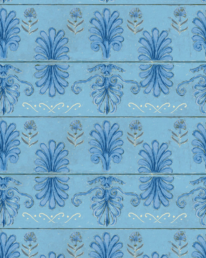 Mykonos Villa Motif Azure Wallpaper by Mind the Gap Designer Wallpaper SUNDANCE VILLA Satin Matte Made in Europe Paste the wall 1 roll x 20.5 x 10.9 yards - Swanky Fabrics -