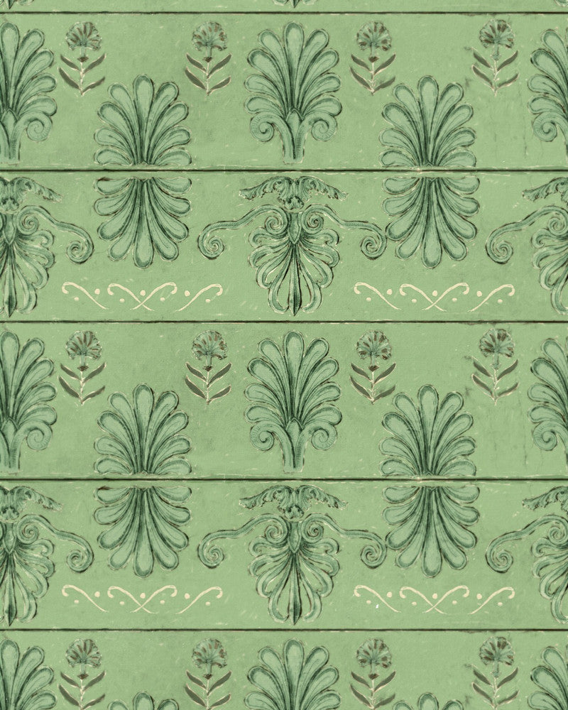 Mykonos Villa Motif Island Green Wallpaper by Mind the Gap Designer Wallpaper SUNDANCE VILLA Satin Matte Made in Europe Paste the wall 1 roll x 20.5 x 10.9 yards - Swanky Fabrics -