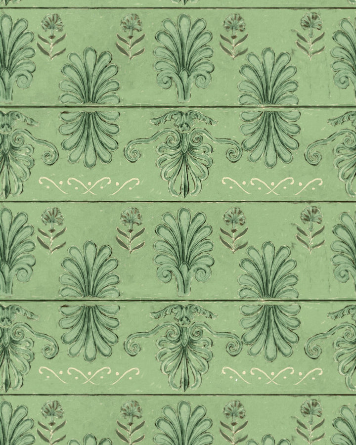 Mykonos Villa Motif Island Green Wallpaper by Mind the Gap Designer Wallpaper SUNDANCE VILLA Satin Matte Made in Europe Paste the wall 1 roll x 20.5 x 10.9 yards - Swanky Fabrics -