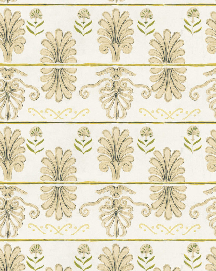 Mykonos Villa Motif Taupe Wallpaper by Mind the Gap Designer Wallpaper SUNDANCE VILLA Satin Matte Made in Europe Paste the wall 1 roll x 20.5 x 10.9 yards - Swanky Fabrics -